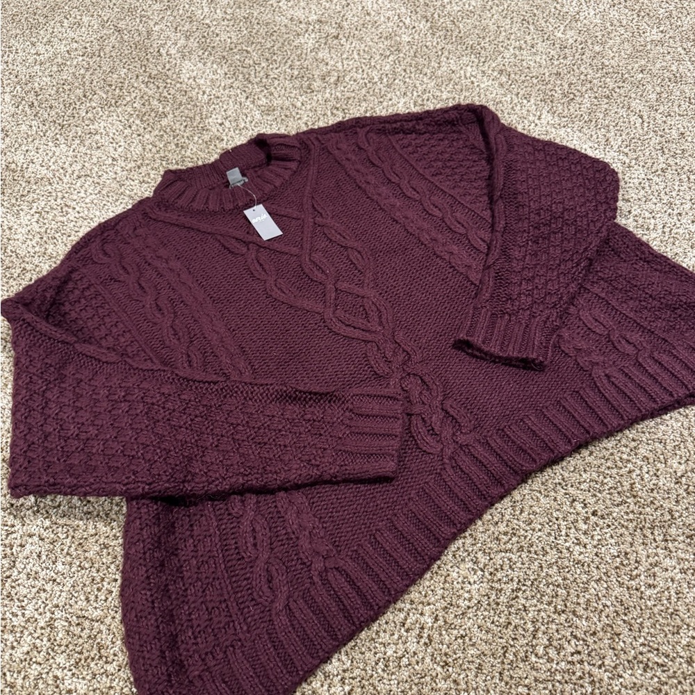 aerie Cable Knit Crew Sweater - Burgundy - Picture 3 of 3